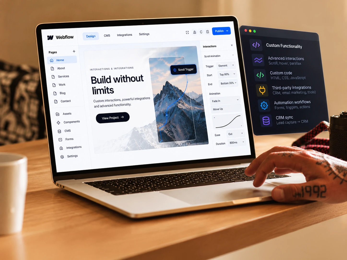 White label Webflow custom functionality and third-party integrations. Laptop showing the Webflow designer with scroll interactions, custom code, CRM sync and third-party integration panels