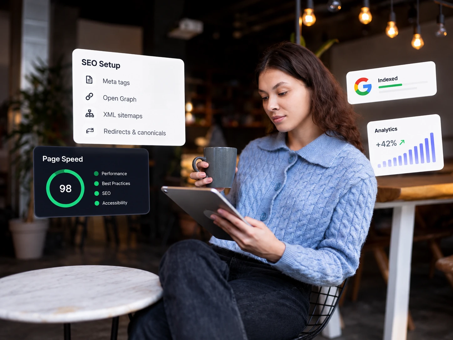 White label Webflow SEO and performance optimization for faster websites. Woman using a tablet beside Webflow SEO setup, page speed, Google indexing and analytics cards