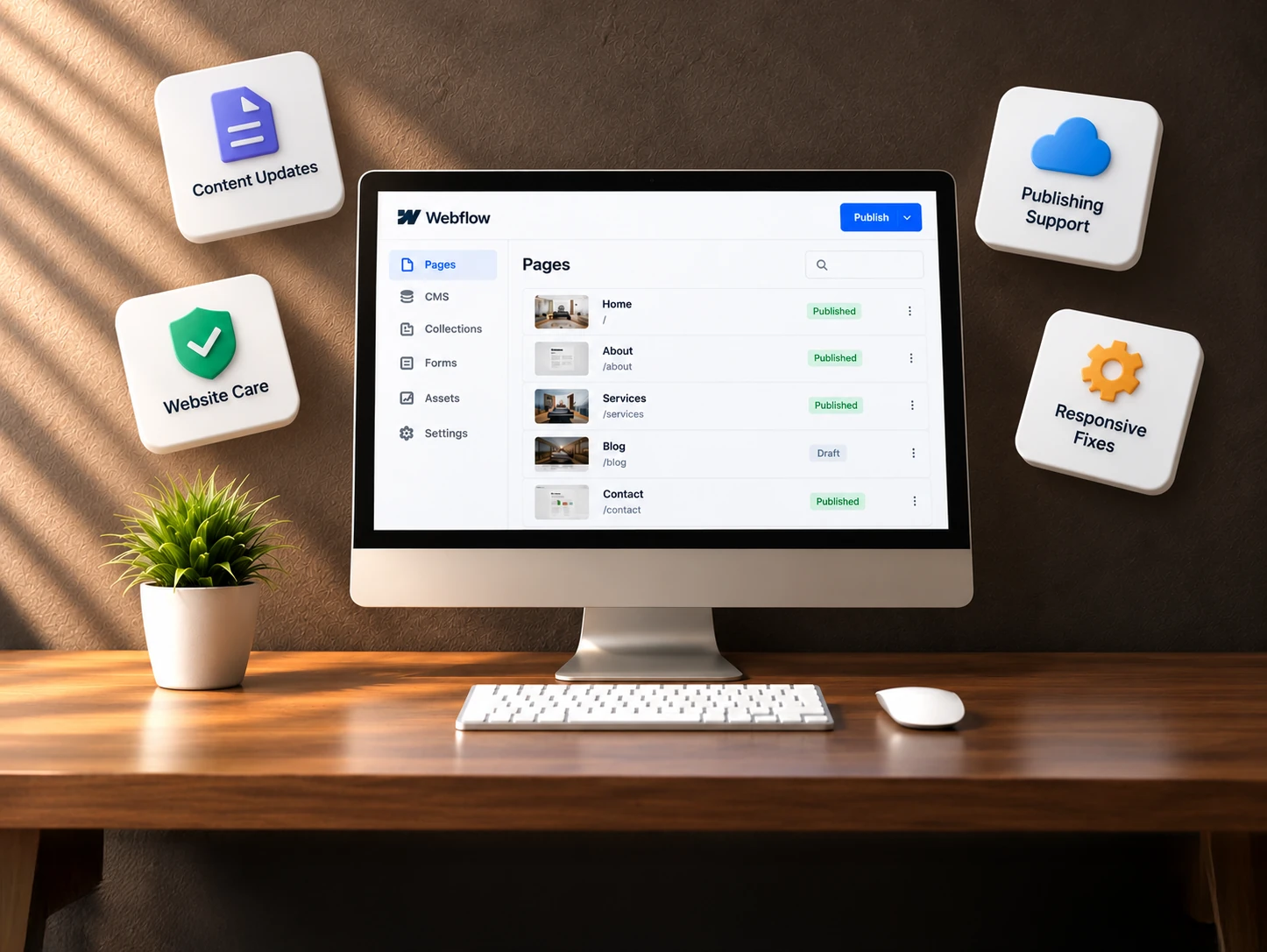 White label Webflow support and ongoing website maintenance services. Monitor showing Webflow pages with content updates, website care, publishing support and responsive fixes icons