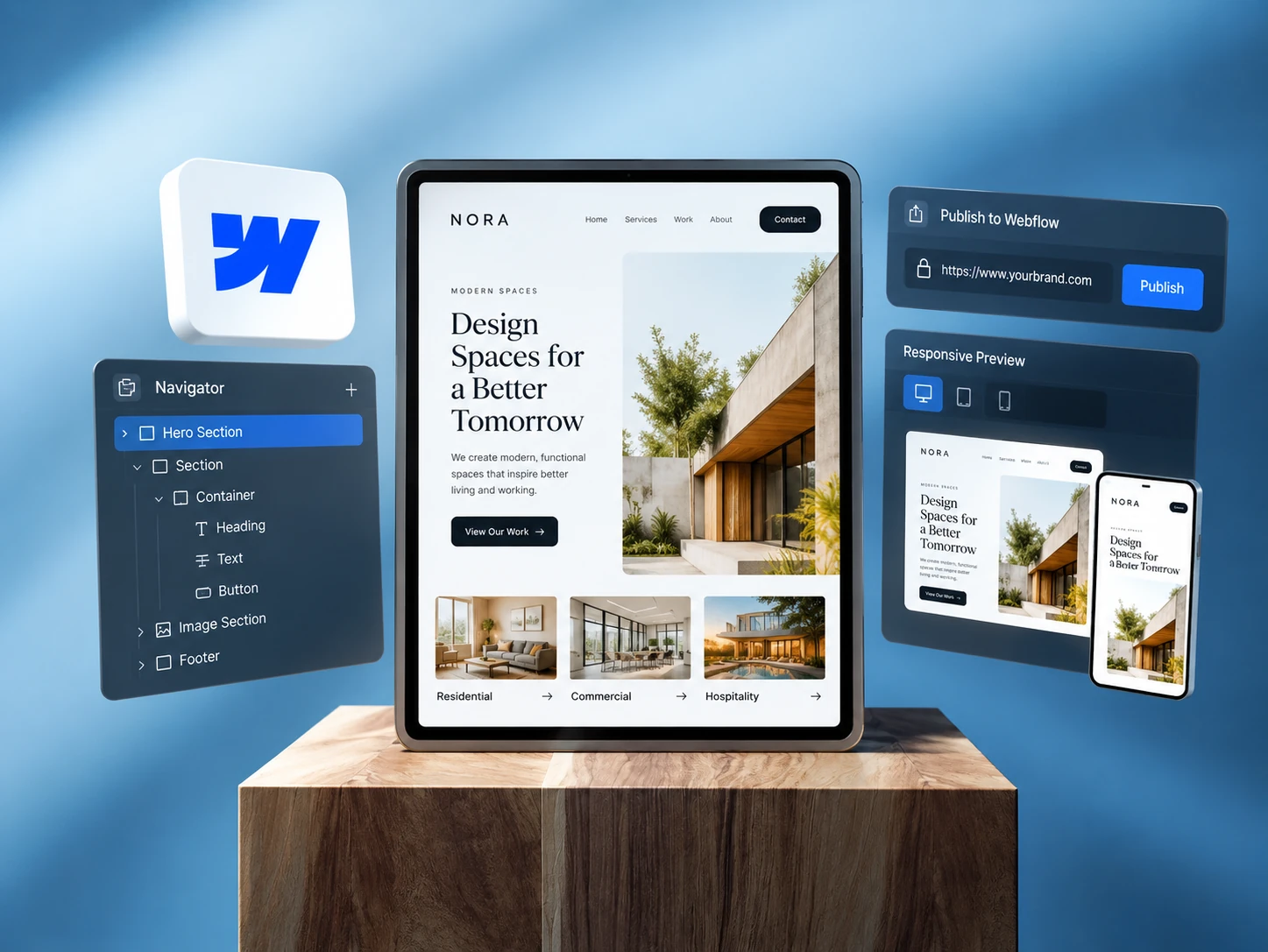 Tablet showing a responsive website built in Webflow with navigator, publish and responsive preview panels for white label Webflow development