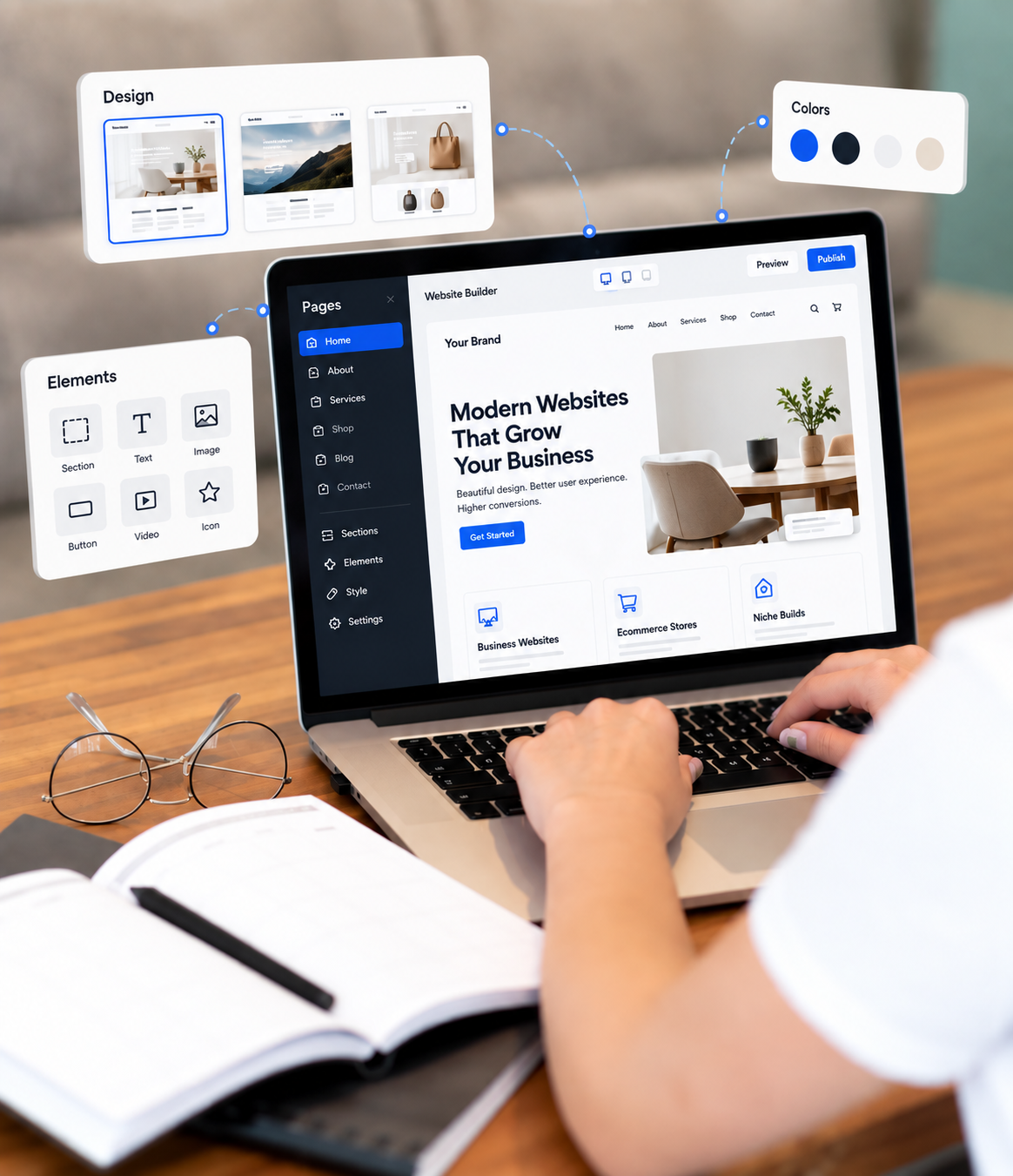 White label website builder design for custom, responsive business websites. Woman designing a business website on a laptop in a drag-and-drop website builder with design, color and element panels