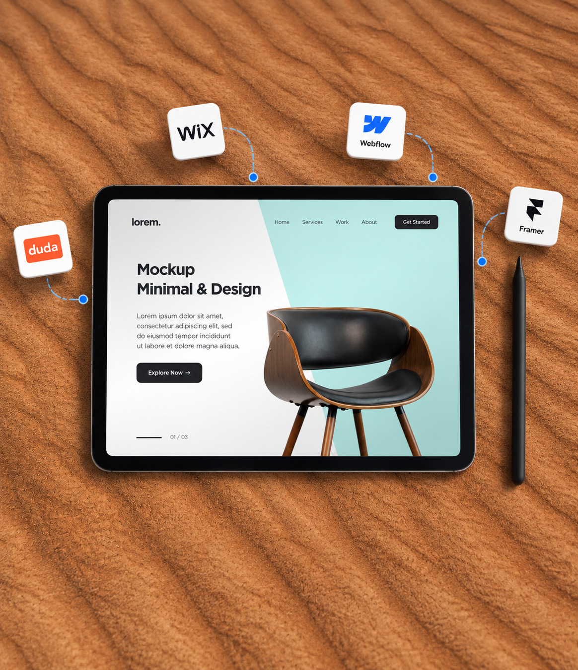 White label website builder expertise across WordPress, Wix, Webflow, Duda, and other platforms. Tablet showing a minimal website design surrounded by Wix, Webflow, Duda and Framer website builder platform icons