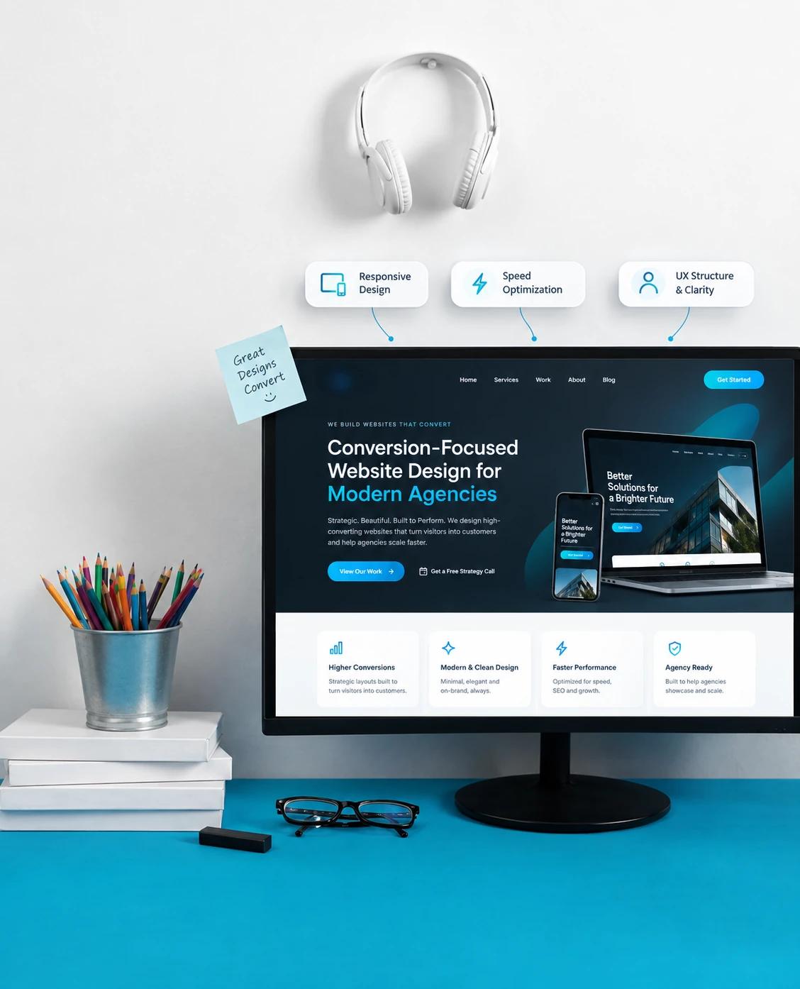 White label website design focused on responsive layouts, performance, and conversions with Monitor showing a conversion-focused agency website with responsive design, speed and UX structure labels
