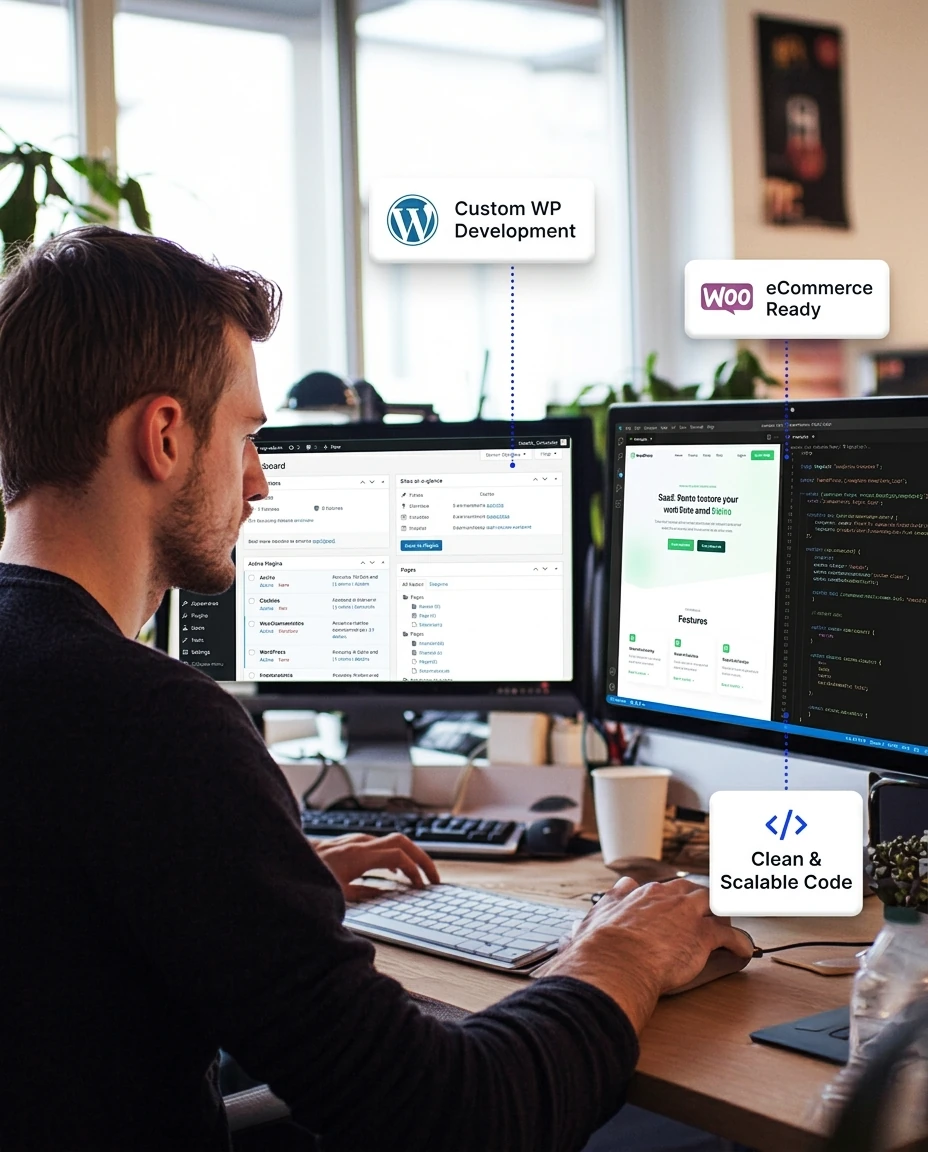White label WordPress development with custom website and ecommerce functionality. WP Developer building a custom WordPress and WooCommerce site on dual monitors with admin dashboard and clean code