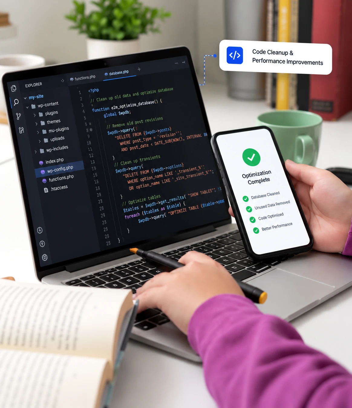 White label WordPress database and code optimization for improved website performance. Laptop with WordPress PHP code for database cleanup and a phone confirming the optimization is complete