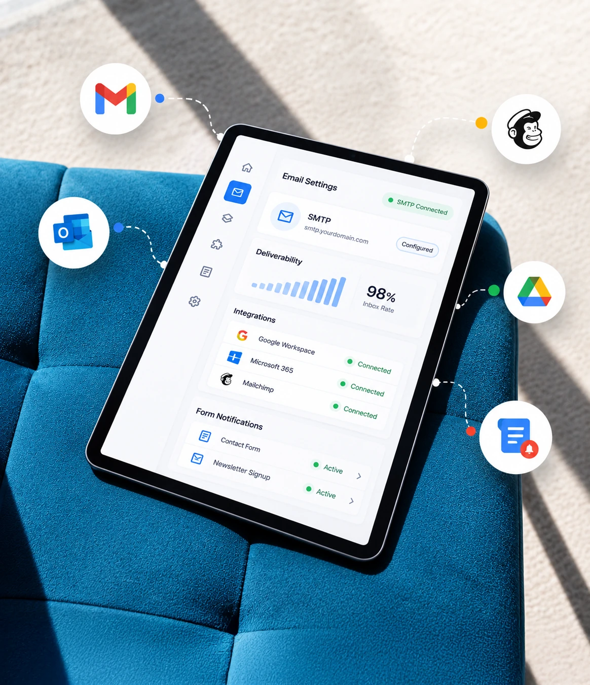 White label WordPress email and integration support for forms, email services, and third-party platforms. Tablet showing WordPress email settings with SMTP, Gmail, Outlook, Mailchimp and Google Workspace integrations