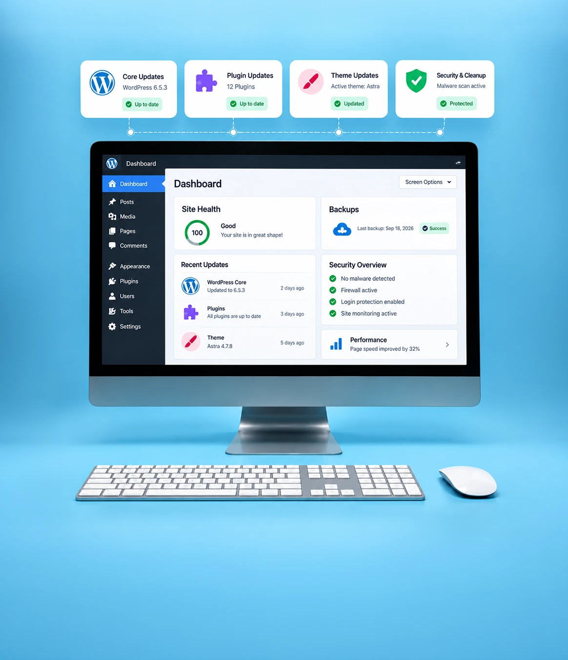 Client-ready Gutenberg website with an easy-to-manage WordPress block editing experience. Woman holding a tablet beside a Gutenberg editor panel showing easy content editing for business websites. Monitor showing a WordPress dashboard with core, plugin and theme updates, backups and security status for white label WordPress maintenance