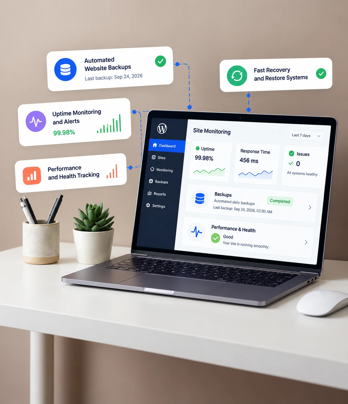 White label WordPress monitoring, automated backups, and website recovery support. Laptop showing a WordPress site monitoring dashboard with automated backups, uptime alerts and fast restore systems