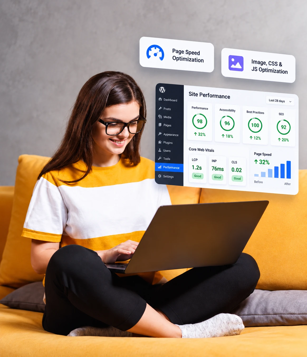 White label WordPress performance optimization for page speed and Core Web Vitals. Smiling woman on a laptop beside a WordPress site performance dashboard with page speed, Core Web Vitals and image, CSS and JS optimization