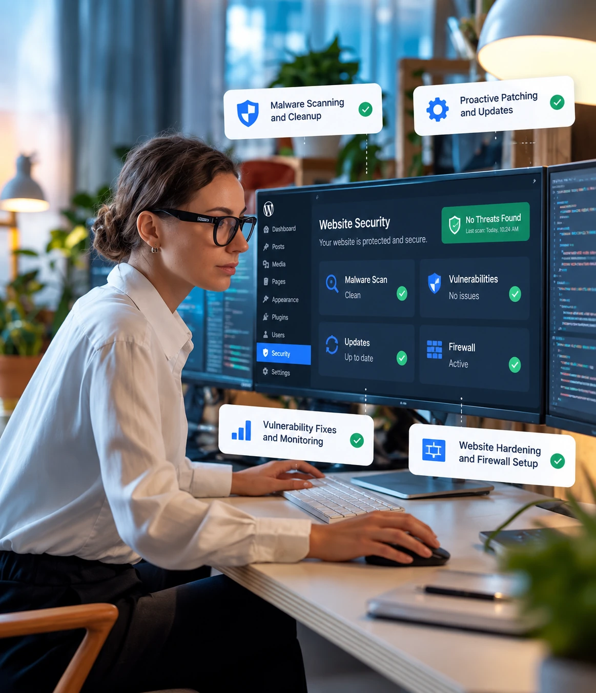 White label WordPress security and protection with malware scanning, vulnerability fixes, and website hardening. Woman monitoring a WordPress security dashboard with malware scanning, vulnerability fixes, firewall and website hardening