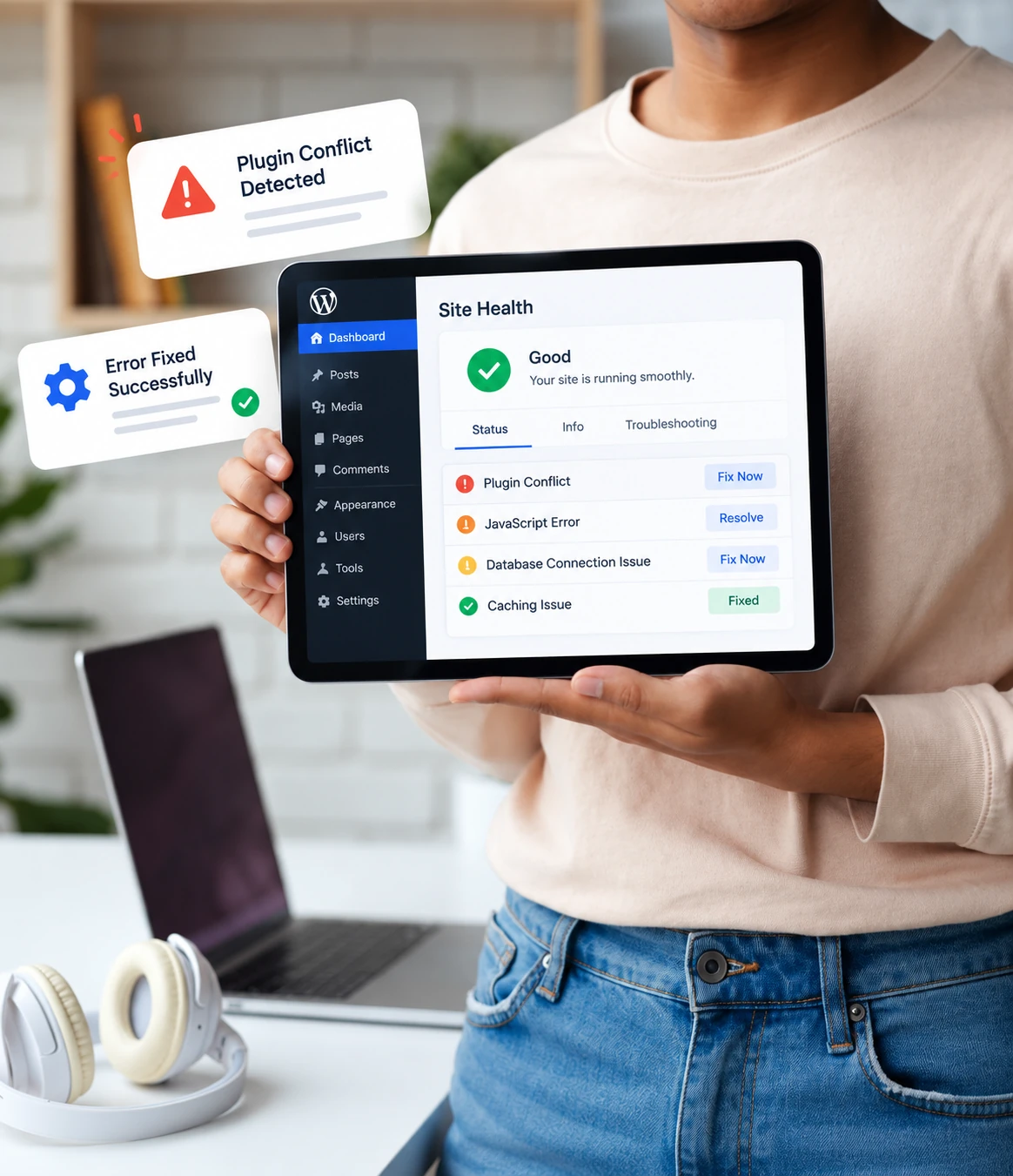 White label WordPress troubleshooting and error fixes for plugin, JavaScript, database, and caching issues. Person holding a tablet with a WordPress site health screen showing plugin conflicts, JavaScript and database errors being fixed