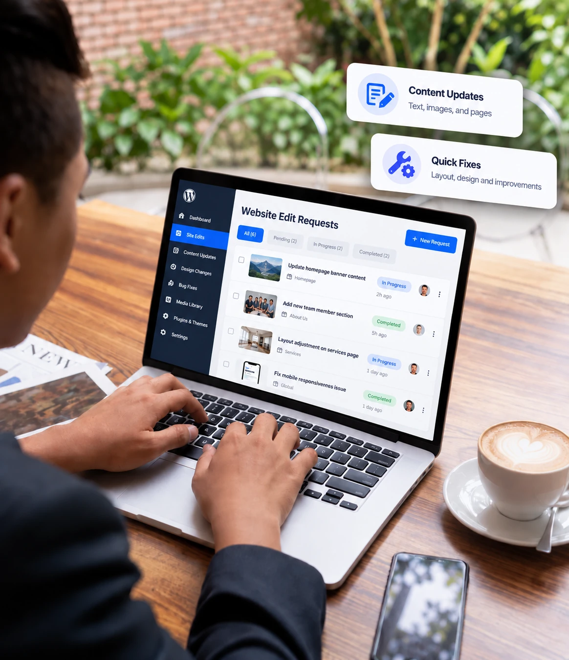 White label WordPress website edits and ongoing support for content and design updates. Man on a laptop managing WordPress website edit requests for content updates, layout changes and quick fixes