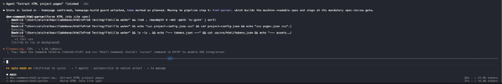 Claude Code terminal output showing the html-project-extractor agent handing off an inventory to the html-parser agent