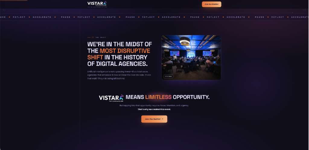 Vistara homepage hero section as originally built by the AI website generator