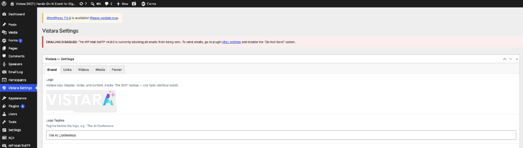 WordPress global settings screen for Vistara showing site-wide brand assets and content