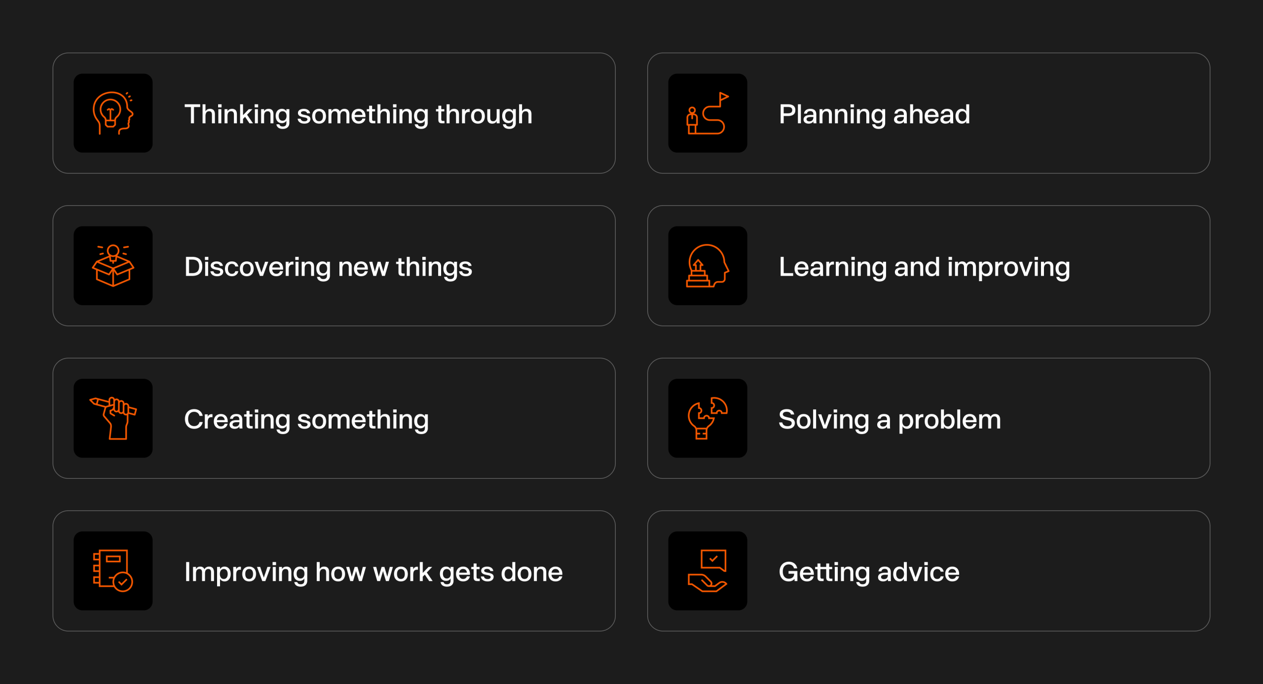 Eight reasons people use ChatGPT: thinking something through, planning ahead, discovering new things, learning, creating, solving problems, improving work, and getting advice