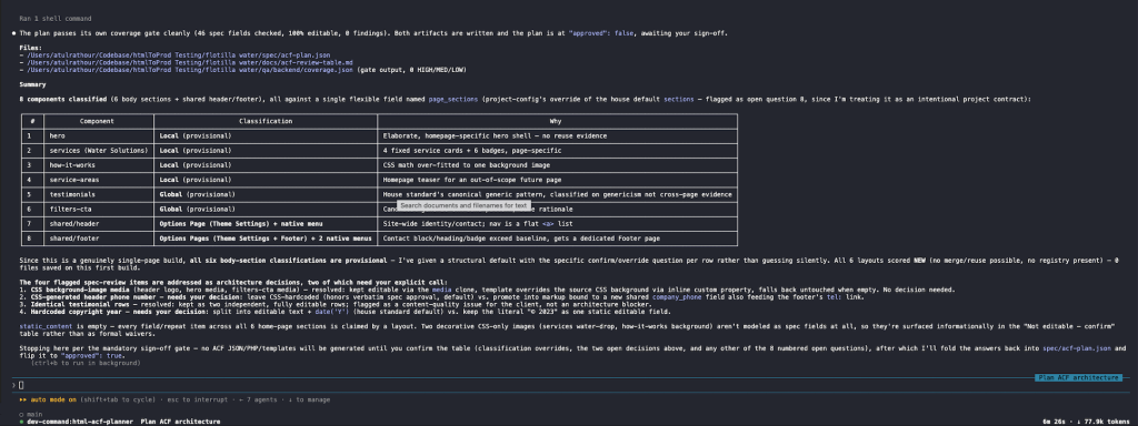 html-acf-planner agent output classifying page sections for WordPress ACF architecture