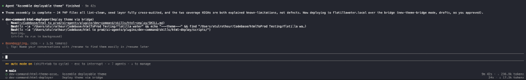 Claude Code terminal output showing the html-deployer agent starting deployment to a WordPress staging environment