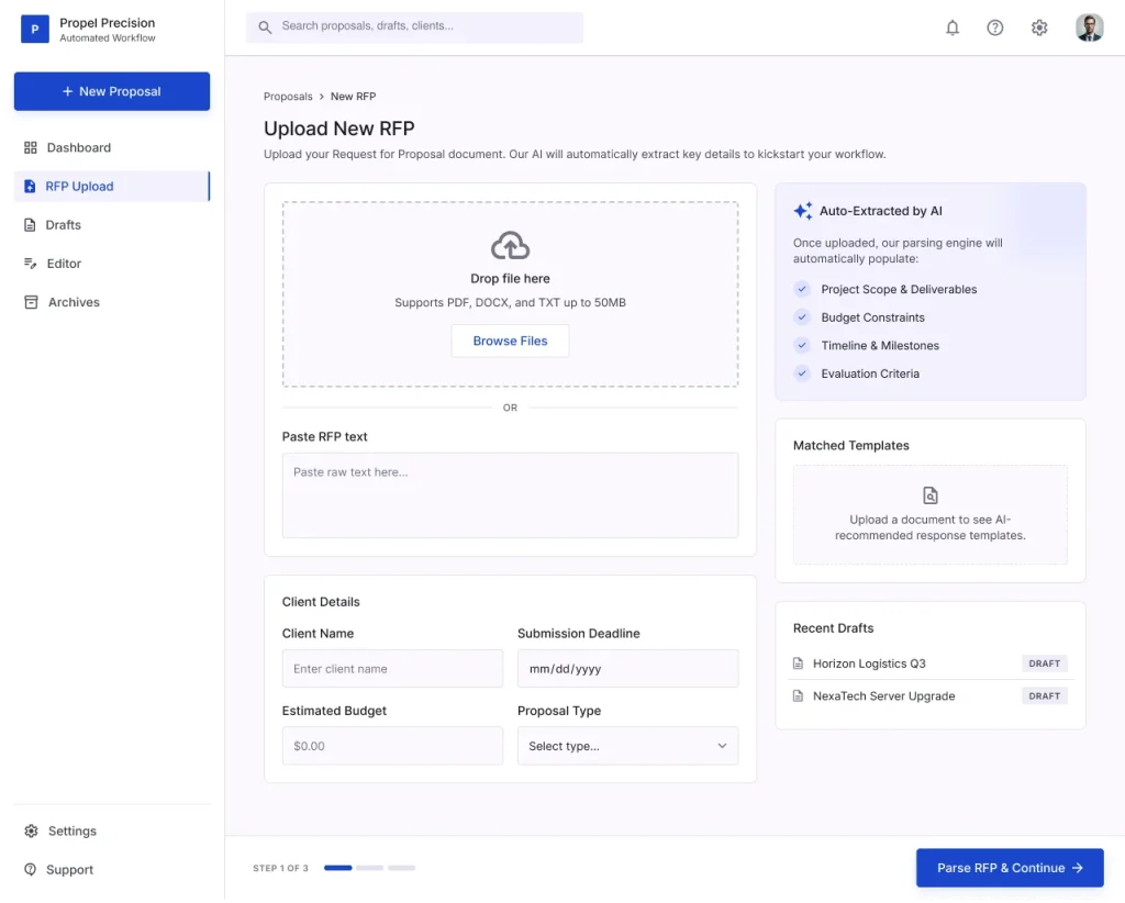 Automated RFP & Proposal Builder AI MicroApp uploading an RFP to auto-extract scope, budget, timeline and evaluation criteria
