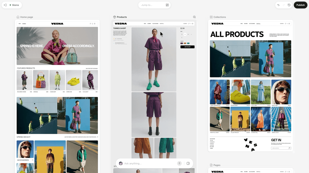 Shopify Canvas showing a store's home, product and collection pages GIF