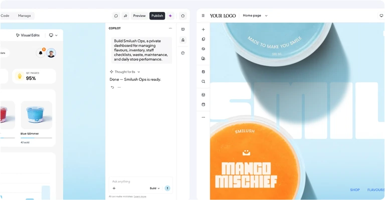 Duda Vibe building a custom inventory and operations dashboard web app from a chat prompt