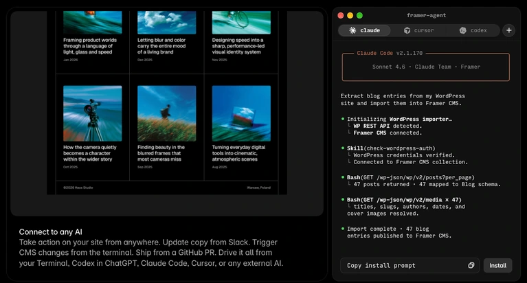 Framer MCP letting Claude Code import WordPress blog posts into Framer CMS from the terminal