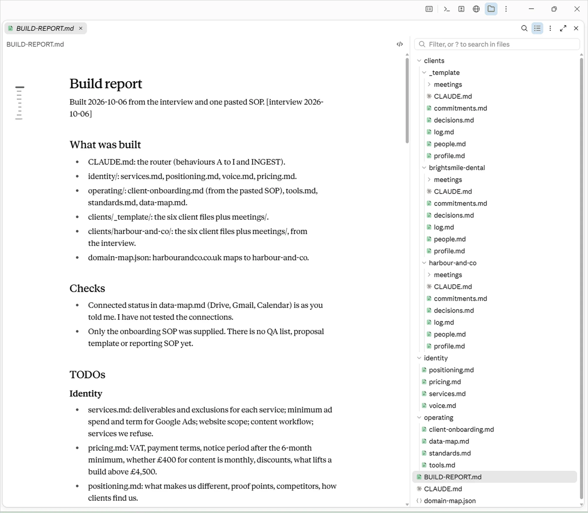Agency brain build report in Claude, with client, identity and operating folders and the CLAUDE.md router in the file tree