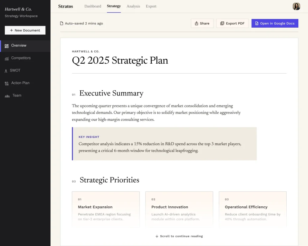 AI account strategy plan with an executive summary, key competitor insight and three strategic priorities, ready to export to Google Docs