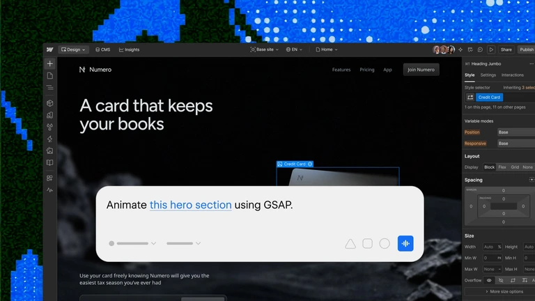 Webflow Designer with an AI prompt to animate a hero section using GSAP through MCP
