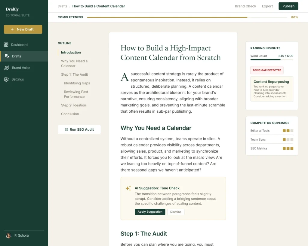 AI content production editor with a long-form blog draft, outline, ranking insights, topic gap alert and AI tone suggestion