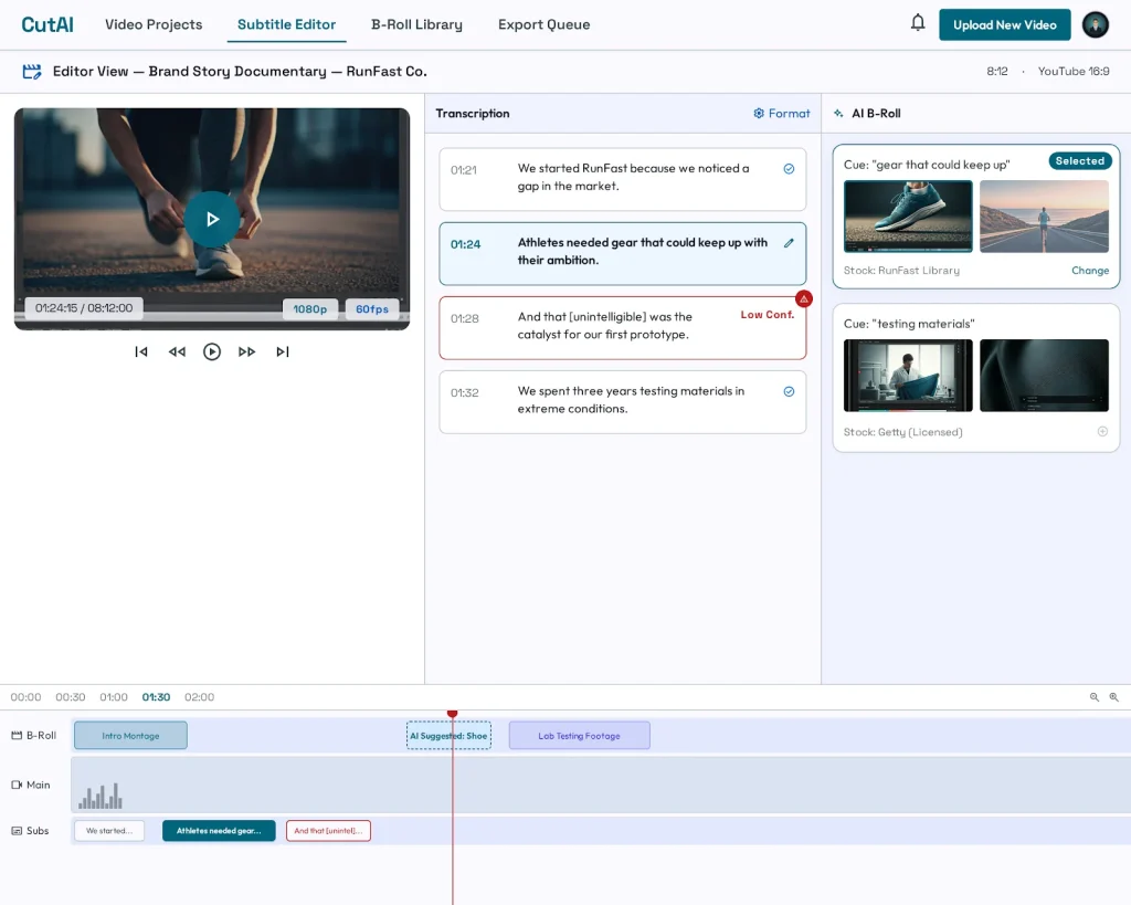 AI video production editor with a timed subtitle transcript, AI-suggested B-roll clips and a subtitle and B-roll timeline