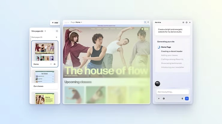 Wix Harmony's Aria AI agent generating a dance studio website from a natural-language prompt