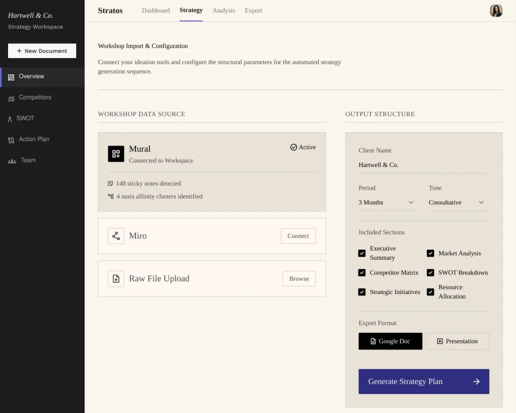 Automated Strategy Plan Generator AI MicroApp importing client workshop data from Mural and configuring strategy plan sections