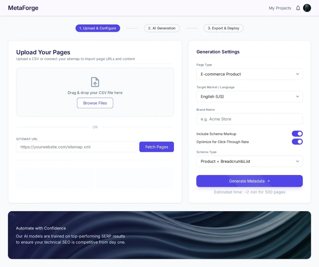 Bulk Meta Tag & Schema Generator AI MicroApp importing pages by CSV or sitemap with page type, schema type and CTR settings