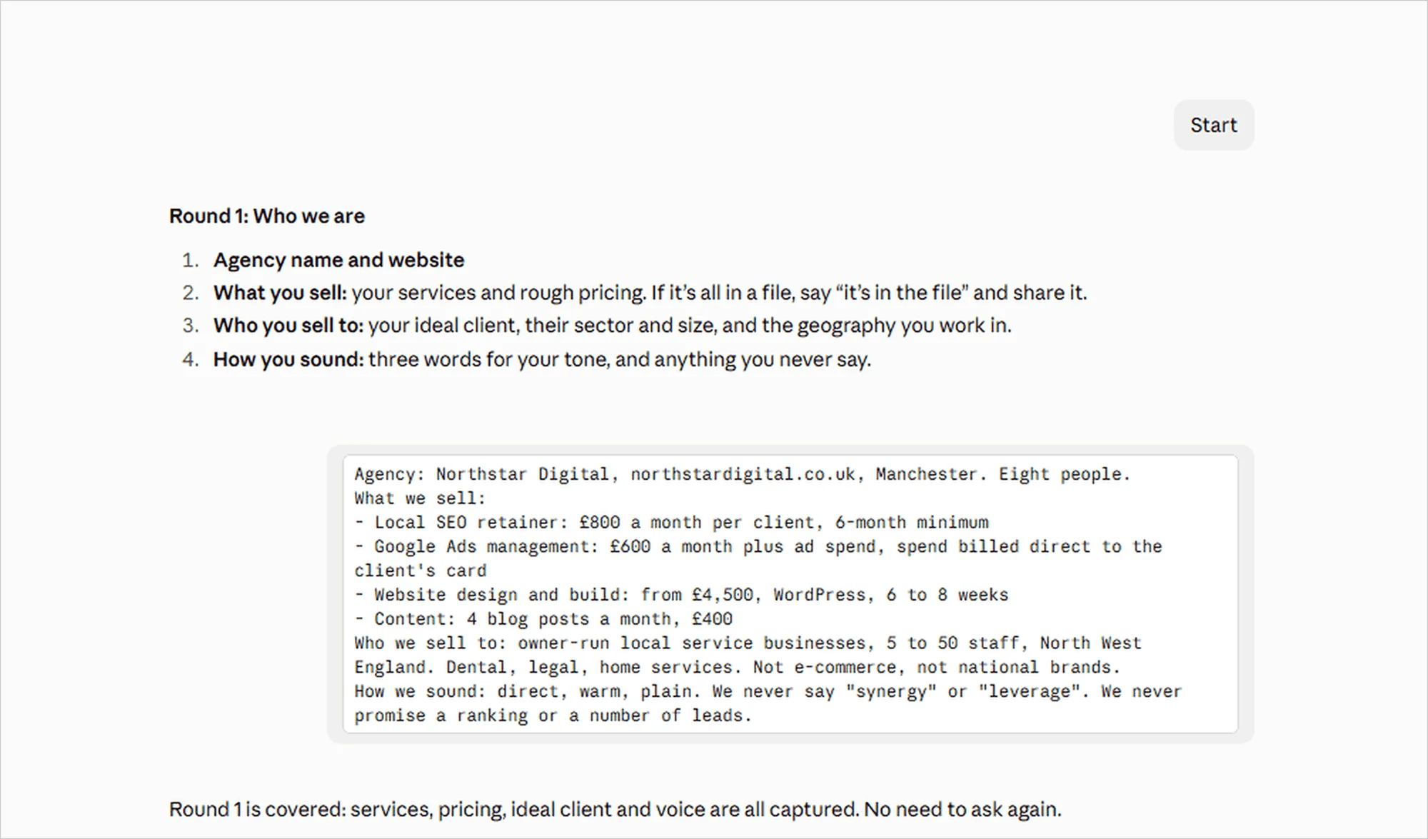Claude asking agency setup questions on services, pricing, ideal clients and tone, answered with sample agency data