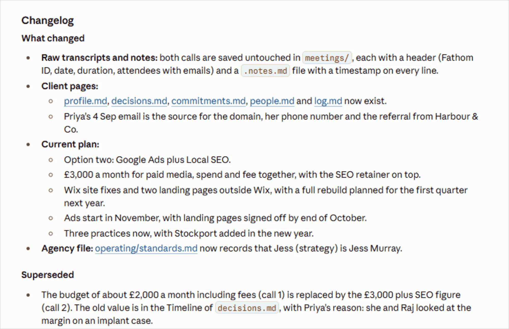 Claude changelog after two client calls, showing the budget raised from £2,000 to £3,000 with the old value kept