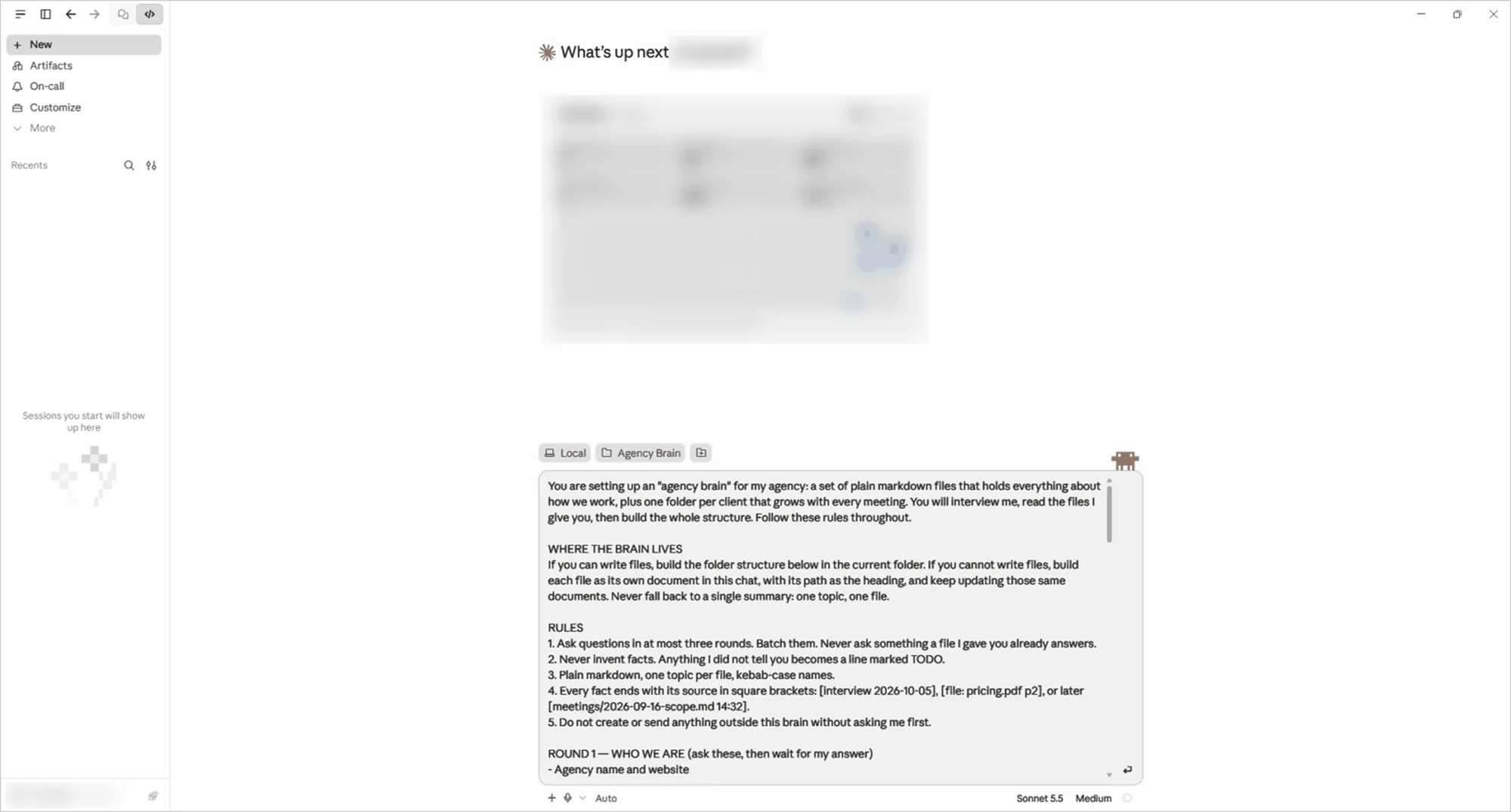Claude desktop Code tab with the Agency Brain folder selected and the agency brain setup prompt pasted into the chat