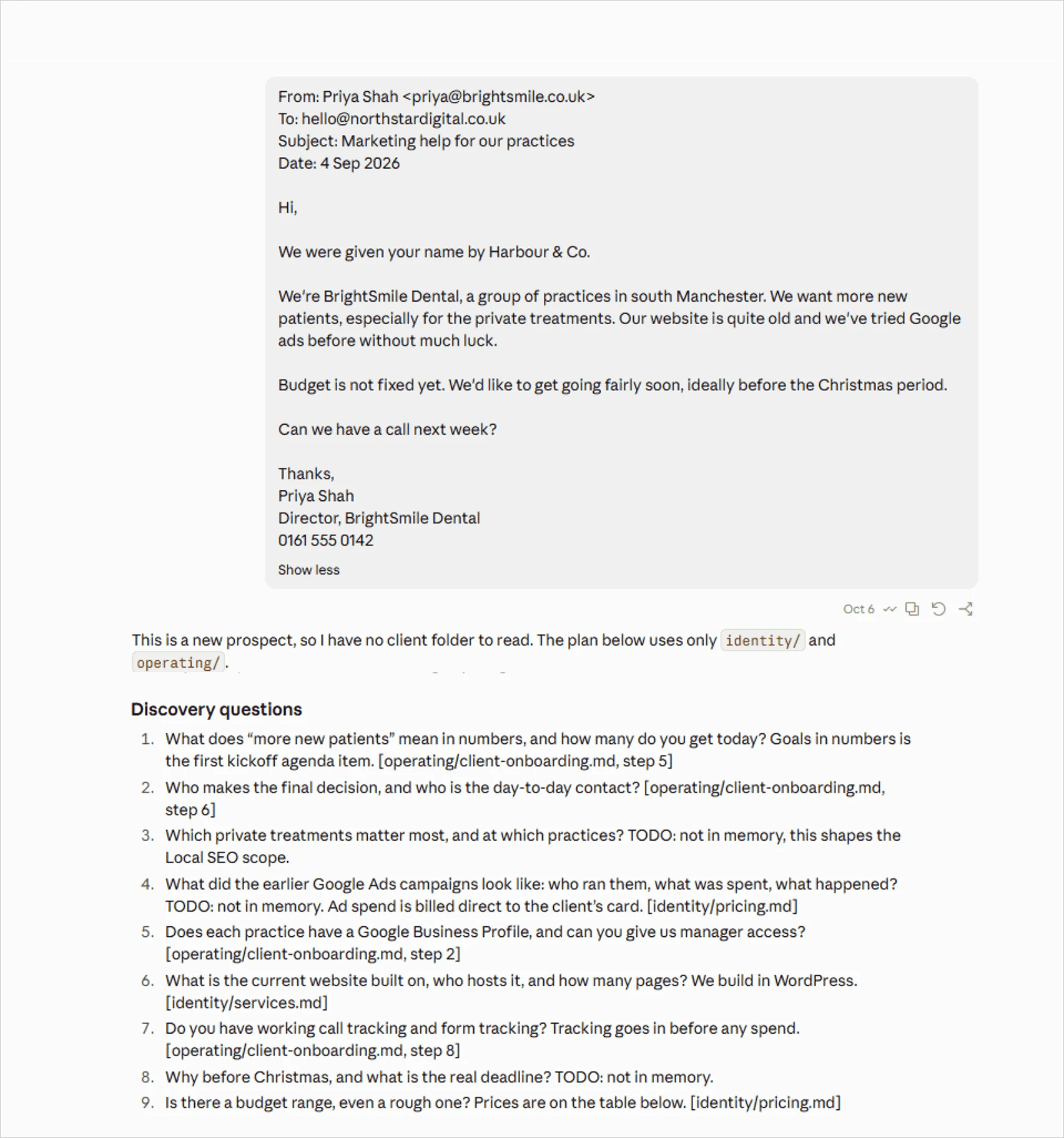 Claude turning a dental client brief into nine discovery questions, each citing the agency onboarding SOP or marked TODO
