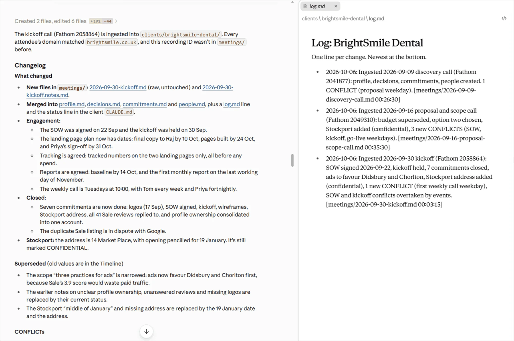 Claude filing a client kickoff call on its own, with the changelog and the client log.md recording every update