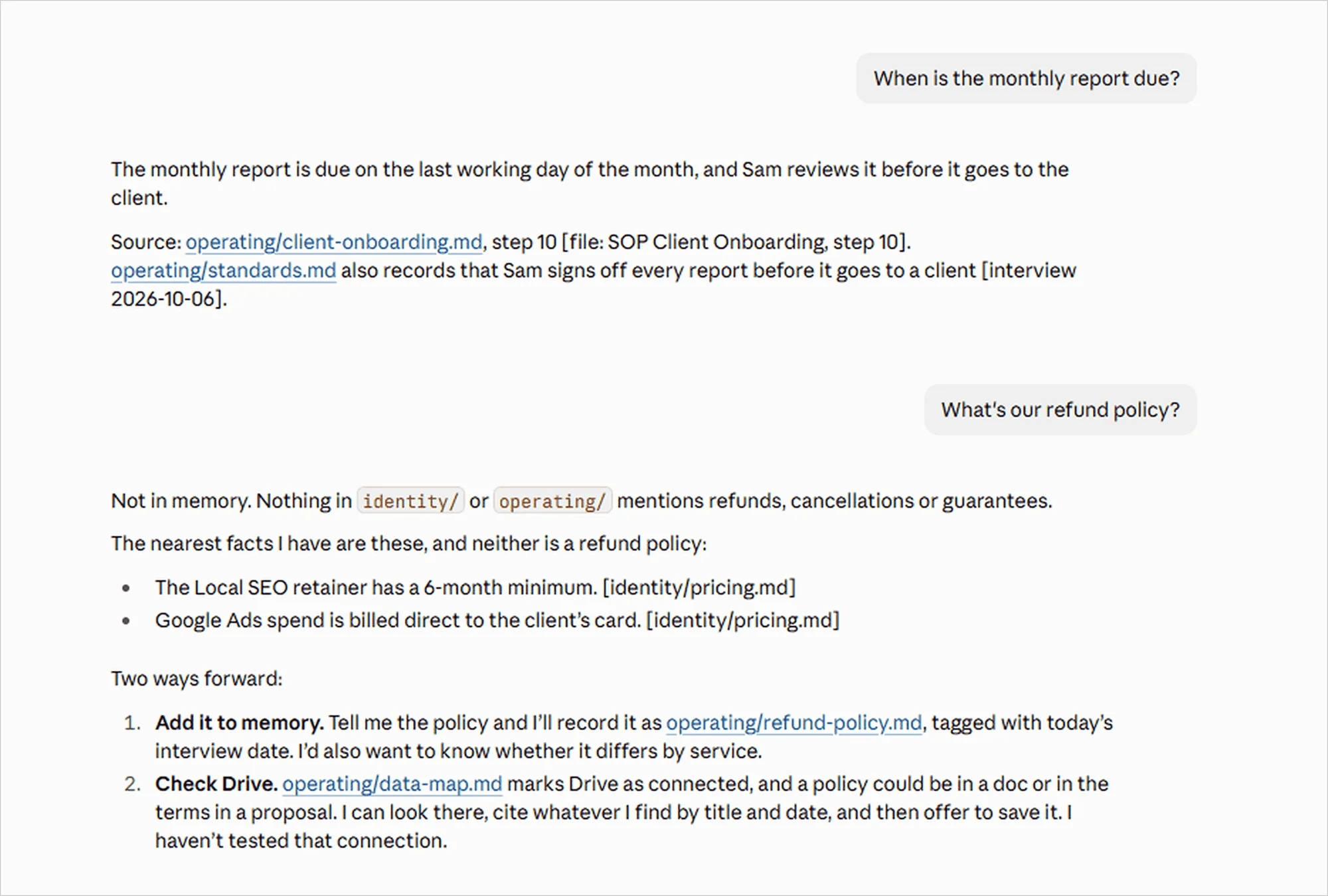Claude citing the onboarding SOP for a report deadline, then replying not in memory when asked about a refund policy