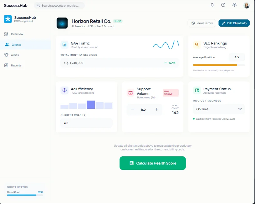 Client Health Score Dashboard AI MicroApp combining traffic, SEO rankings, ROAS, support volume and payment status to calculate a client health score