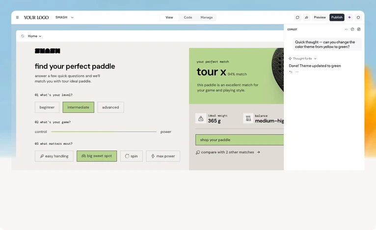 Duda editor with an AI copilot changing an interactive product-finder widget's color theme