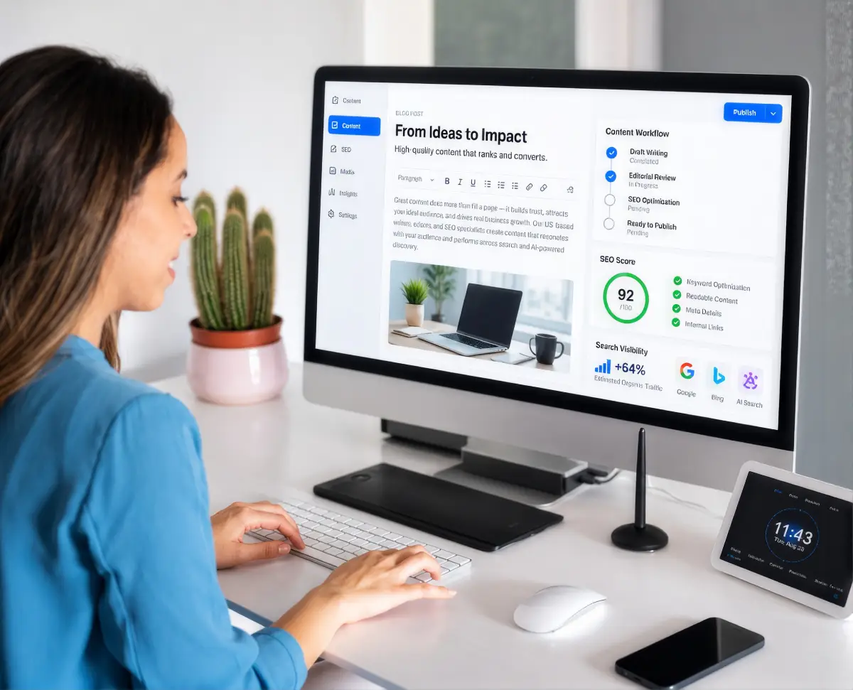 White label content services for creating SEO-focused content that ranks and converts. Woman at a monitor editing a blog post with a content workflow, SEO score and search visibility for white label content services