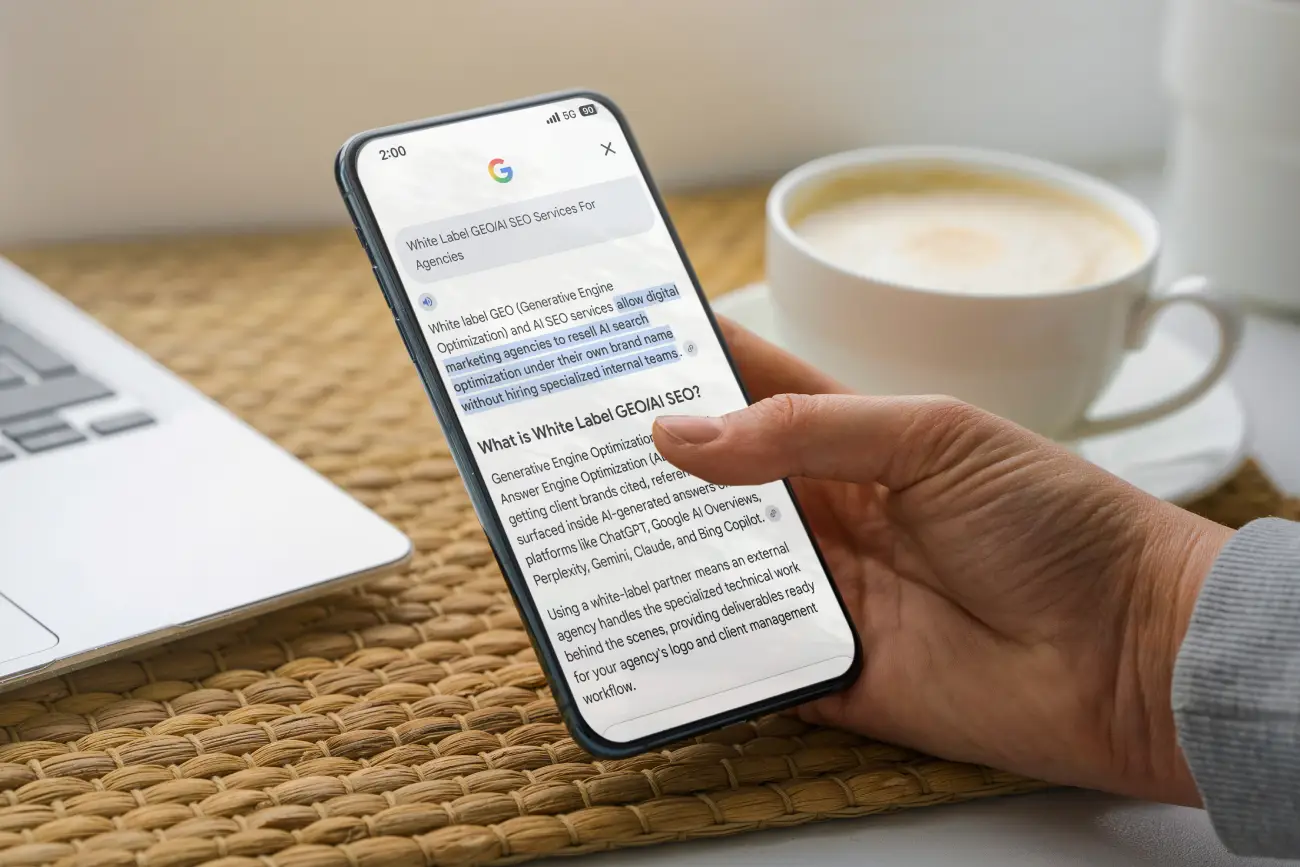 White label GEO and AI SEO services for agencies seeking AI search visibility for client projects, Hand holding a phone with a Google AI answer explaining white label GEO and AI SEO services for agencies