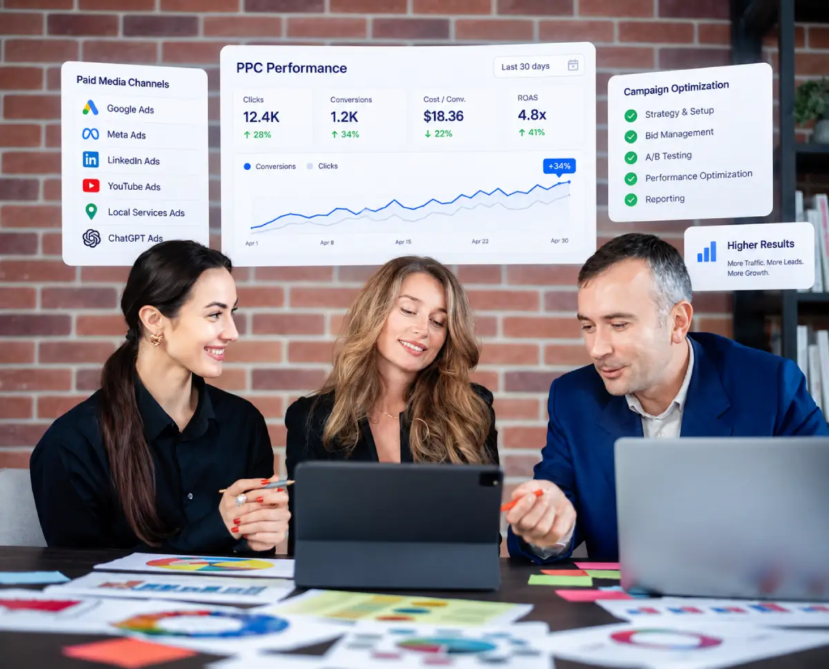 White label PPC services with Google Ads, Meta Ads, and paid media campaign management. Three marketers reviewing a PPC performance dashboard with Google, Meta, LinkedIn, YouTube and ChatGPT ads for white label PPC services