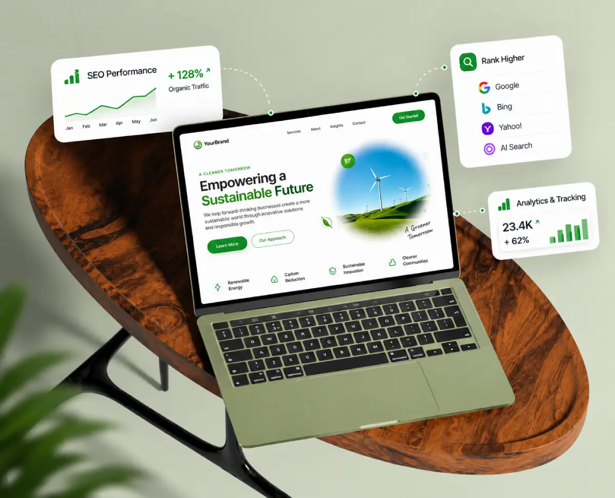 White label SEO services for improving organic rankings, traffic, and search visibility, Laptop showing a business website with SEO performance, rankings on Google, Bing and AI search, and analytics tracking cards