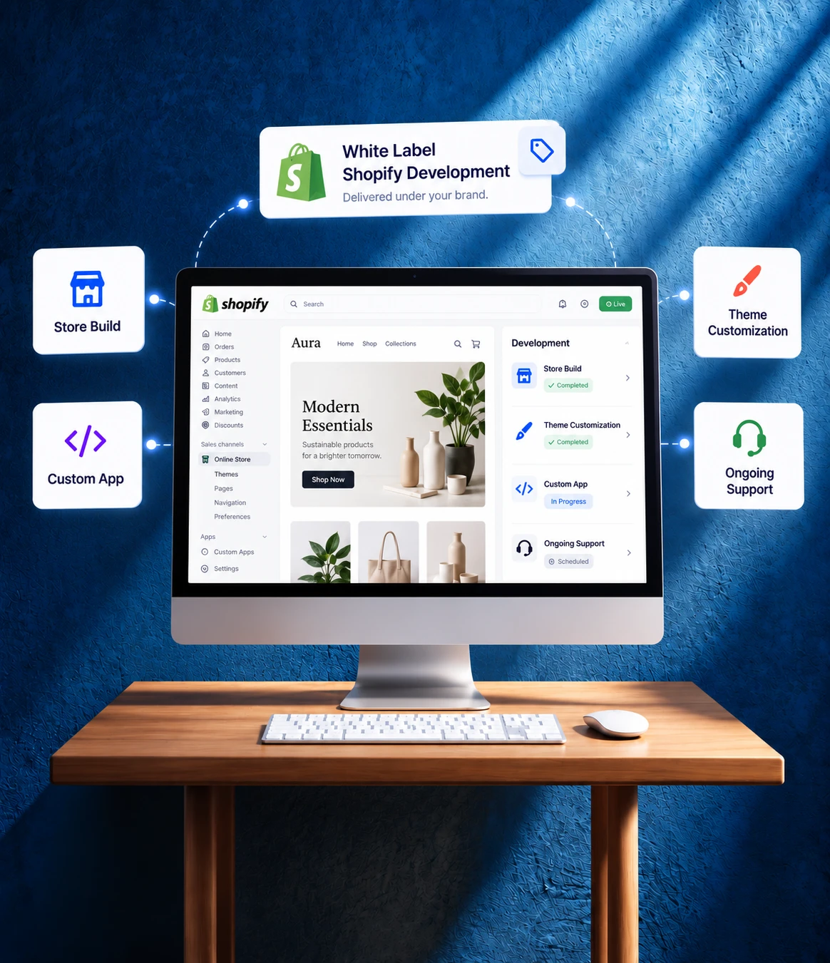 Monitor showing a Shopify store dashboard with store build, theme customization, custom app and ongoing support for white label Shopify development