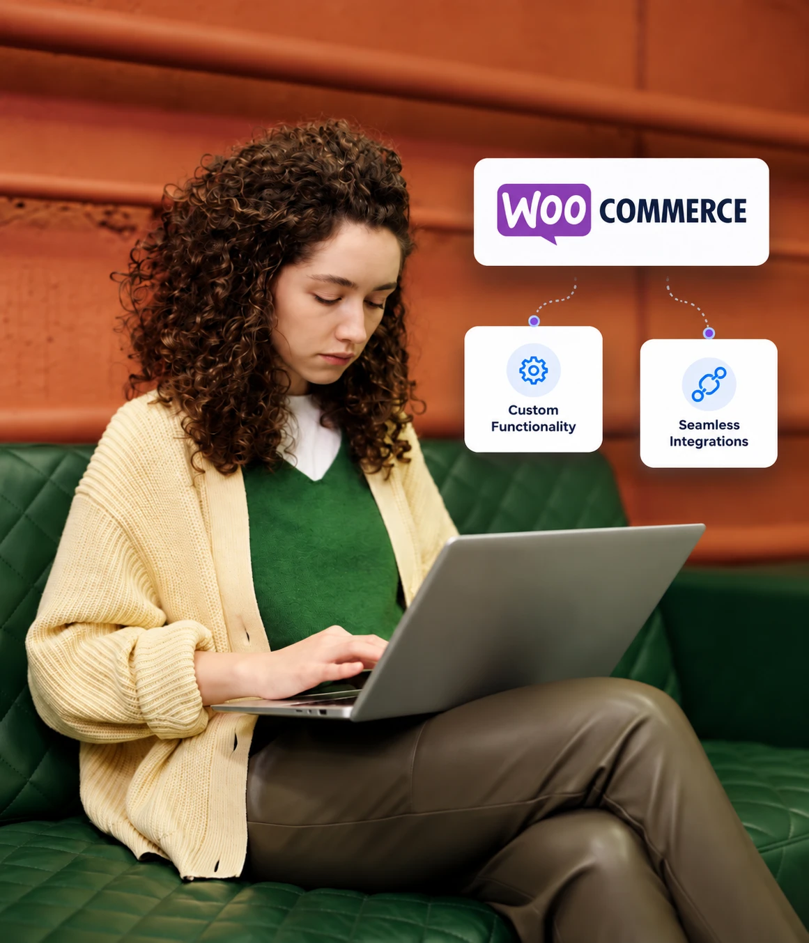 Woman working on a laptop beside WooCommerce custom functionality and seamless integrations for WordPress ecommerce stores