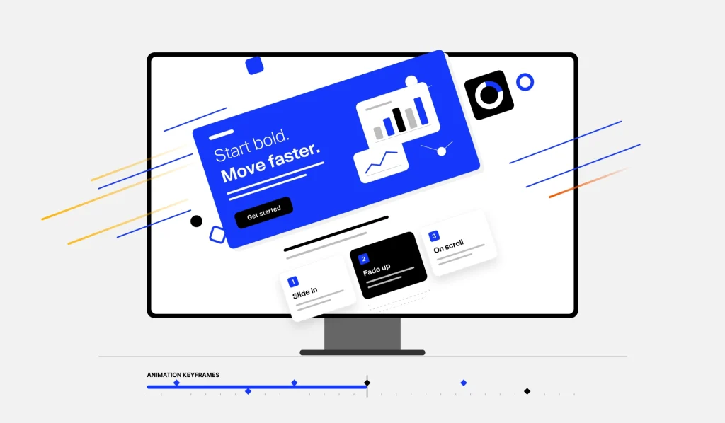 Illustration of a Framer landing page with slide-in, fade-up and on-scroll animations on a keyframe timeline