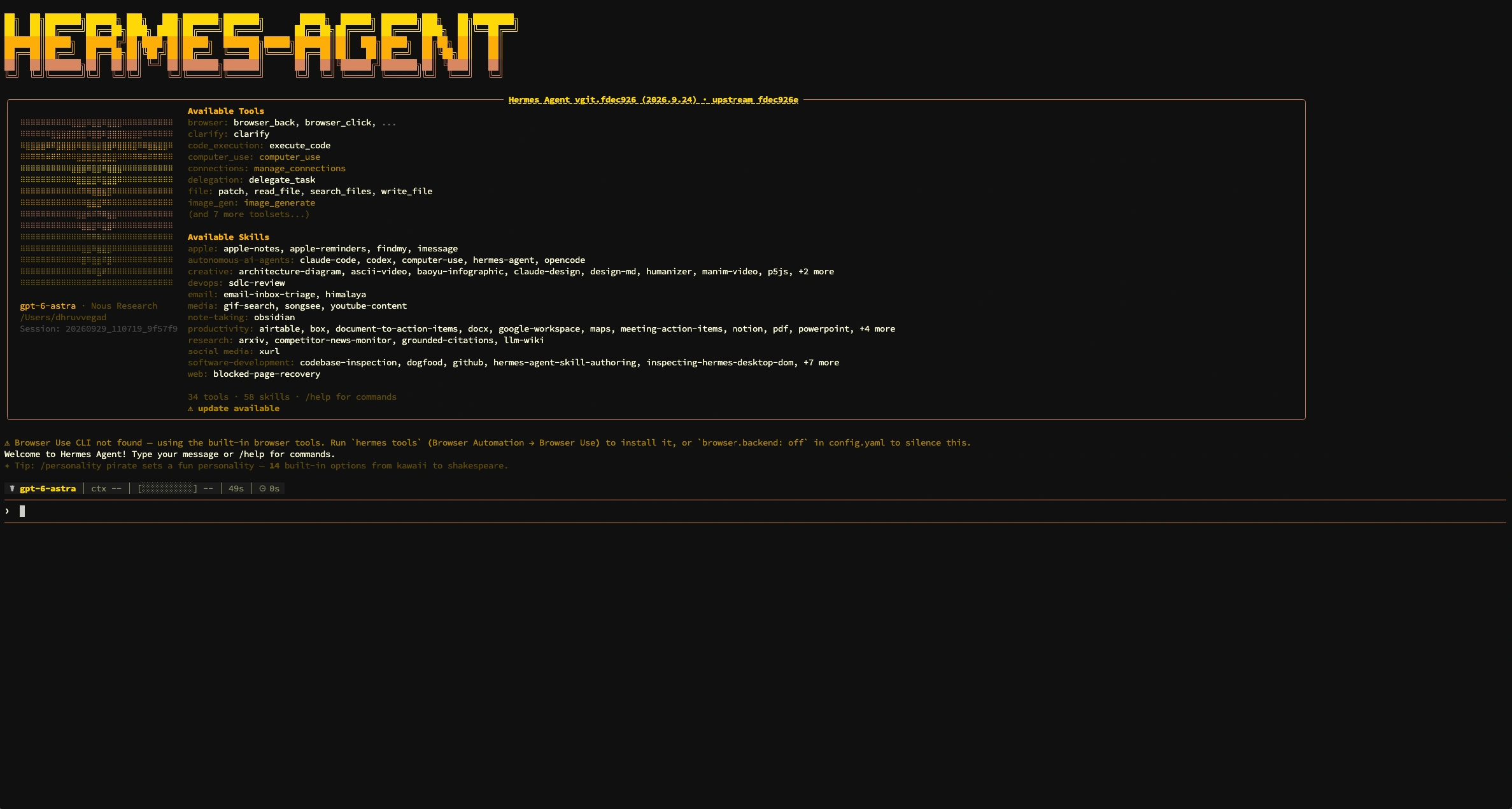 Hermes Agent 2.0 command line interface listing computer use tools and 58 available skills